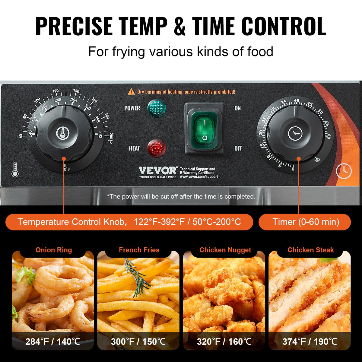 VEVOR cool-touch handle on the fryer improves safer handling during busy service.