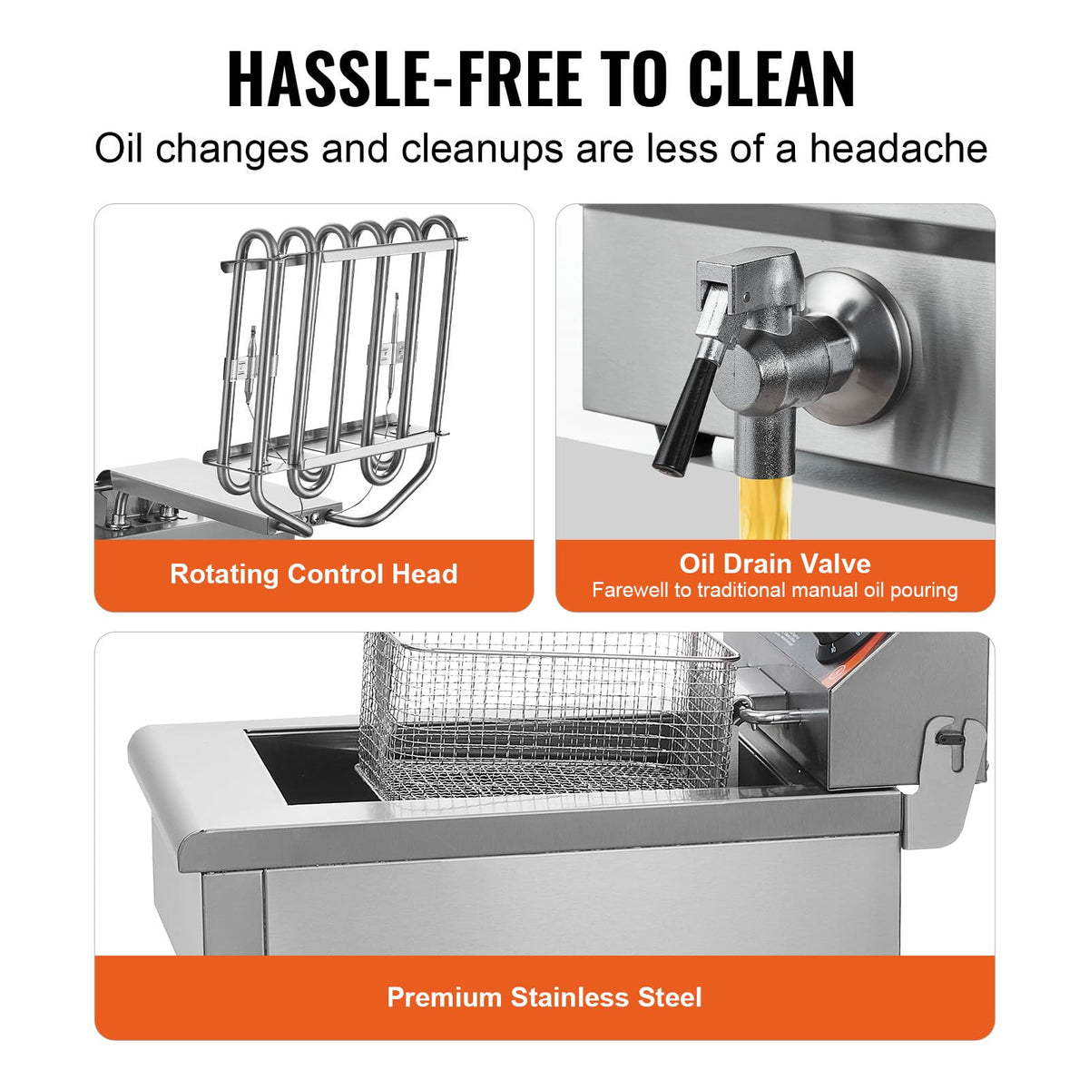 VEVOR deep fryer front drain valve for easy oil release.