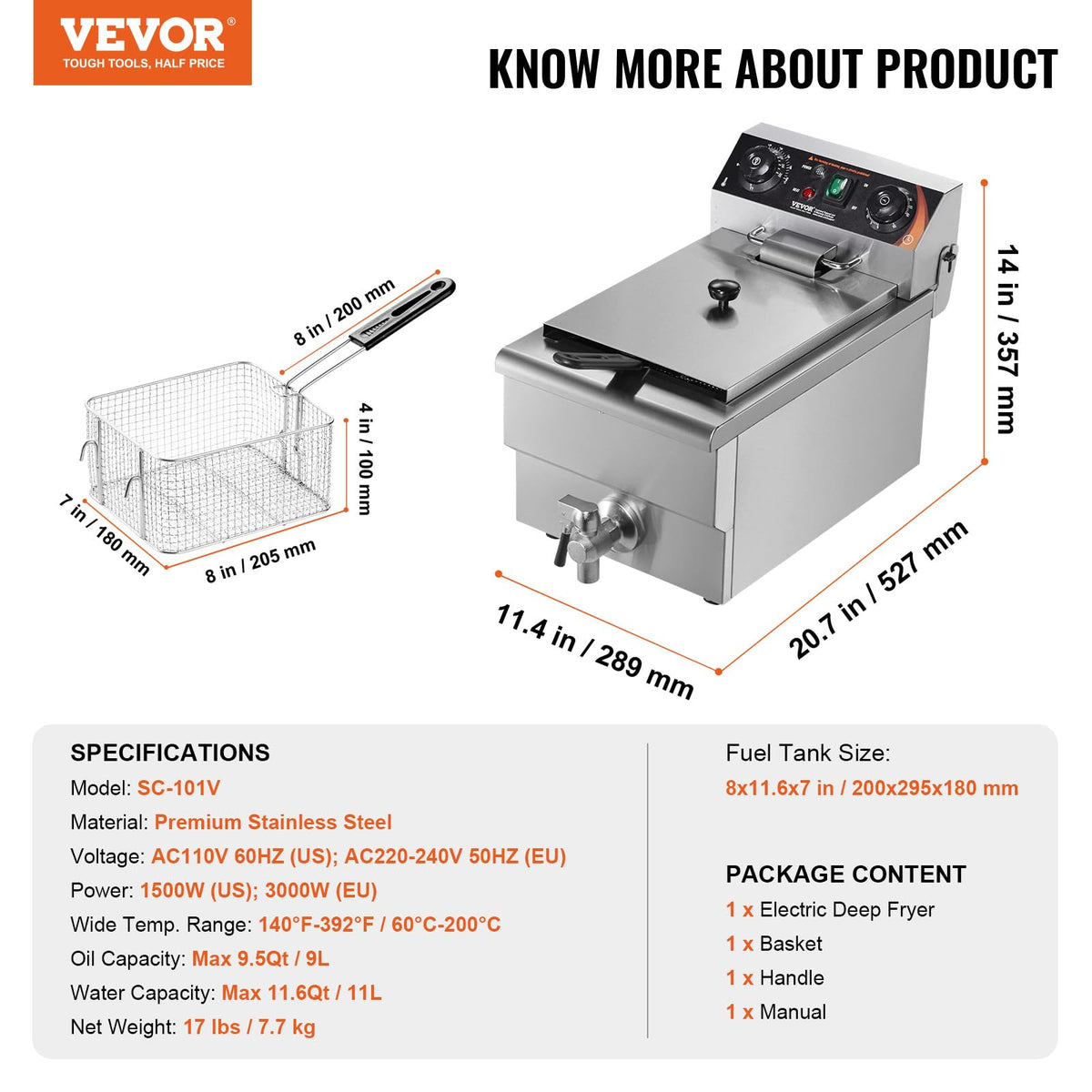 VEVOR deep fryer stainless steel body supports durability and cleanup.