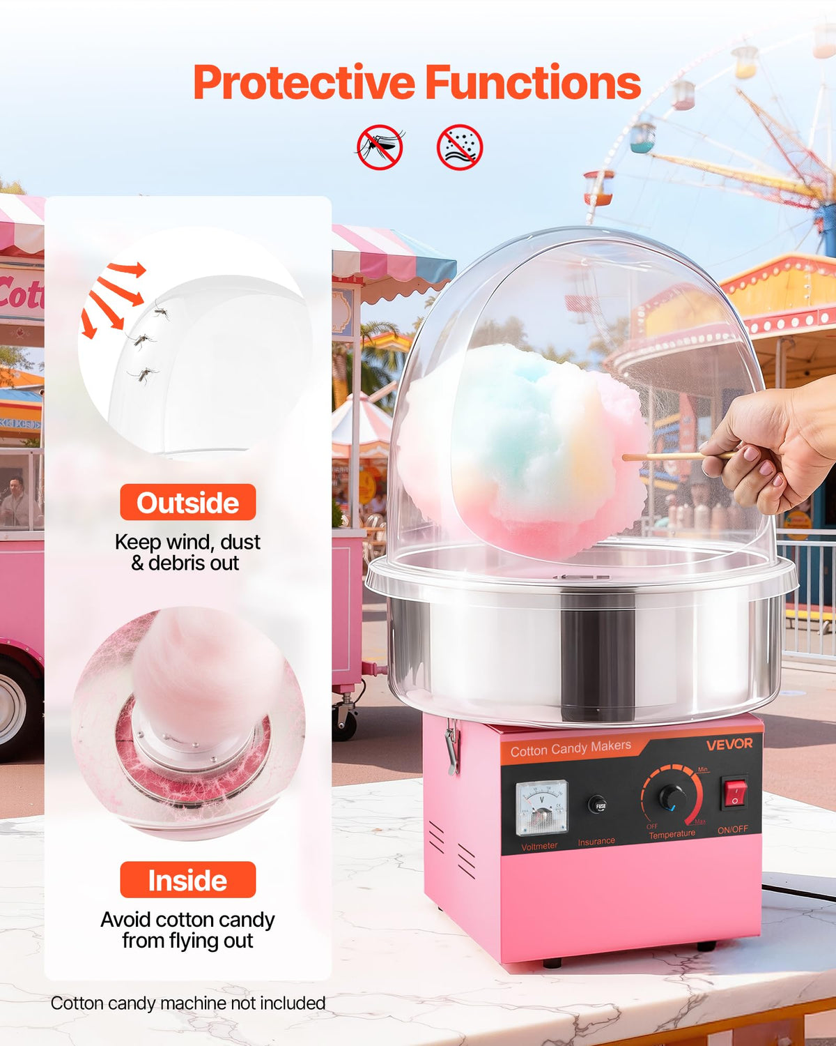 VEVOR dust-protection dome safeguards the spinning sugar from outdoor debris
