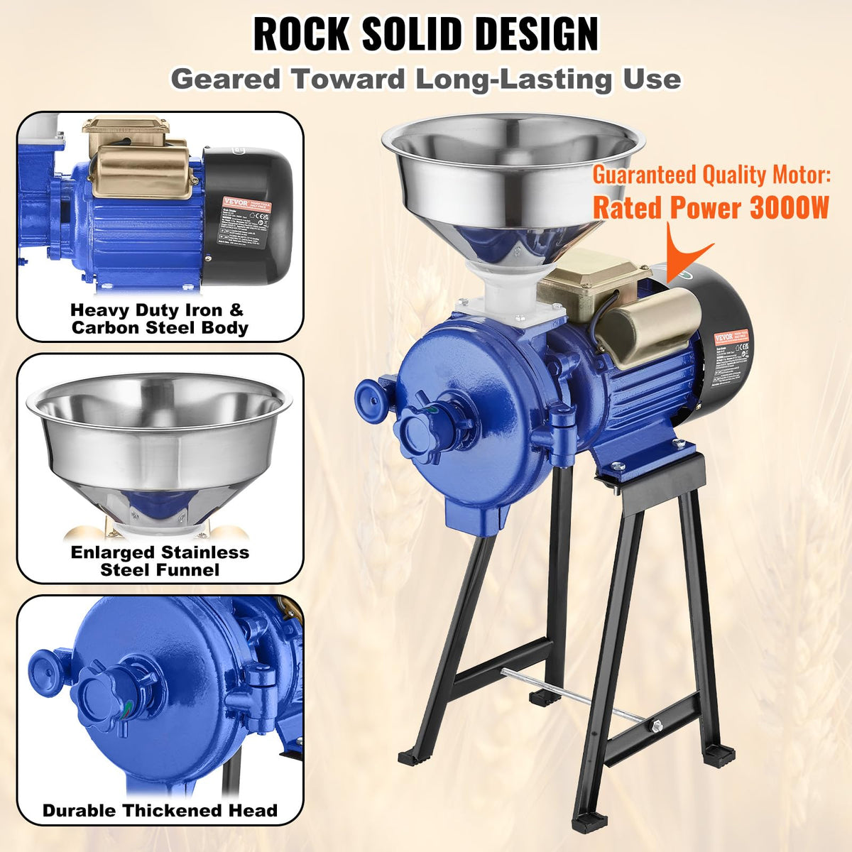 VEVOR 3000W motor provides power for fast dry grinding of grains.