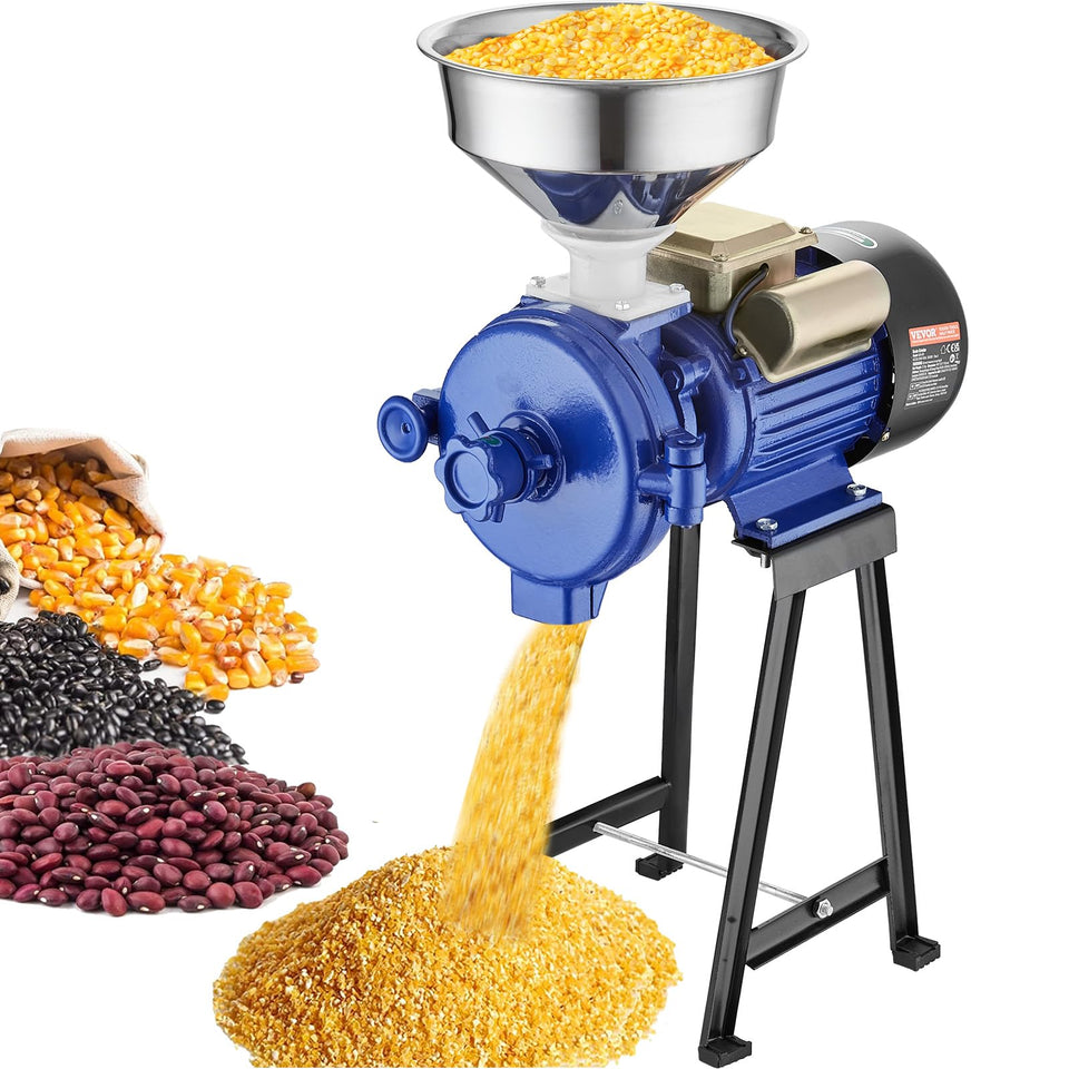 VEVOR Electric Grain Mill Grinder front view with rugged cast iron body for daily use.