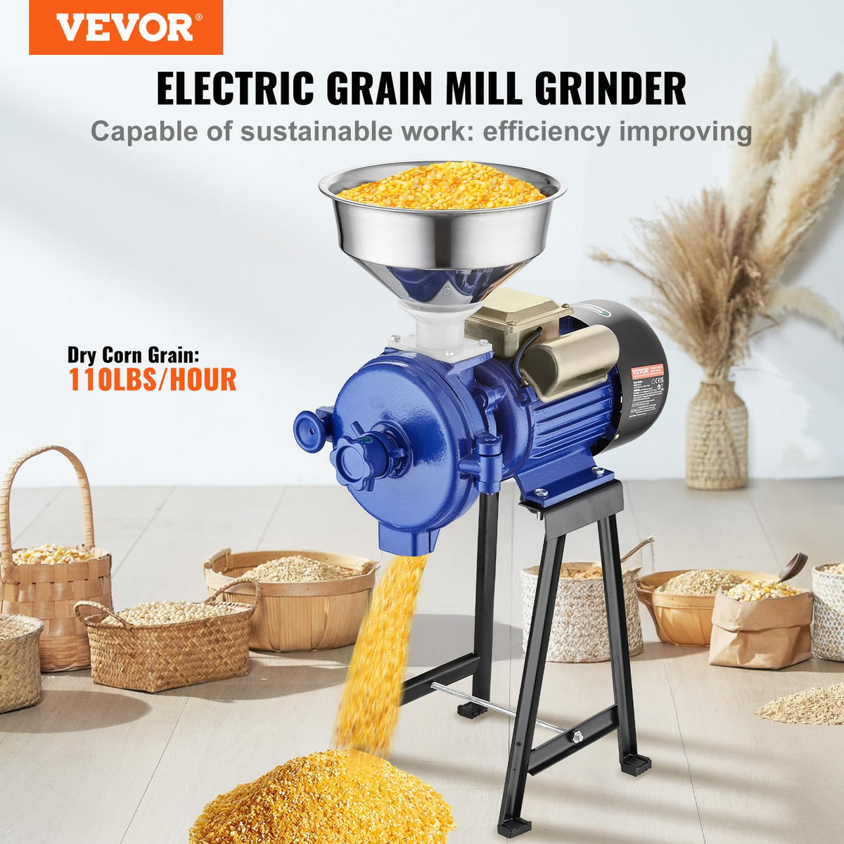 VEVOR grinder top funnel showing stainless steel feed for steady powder production.