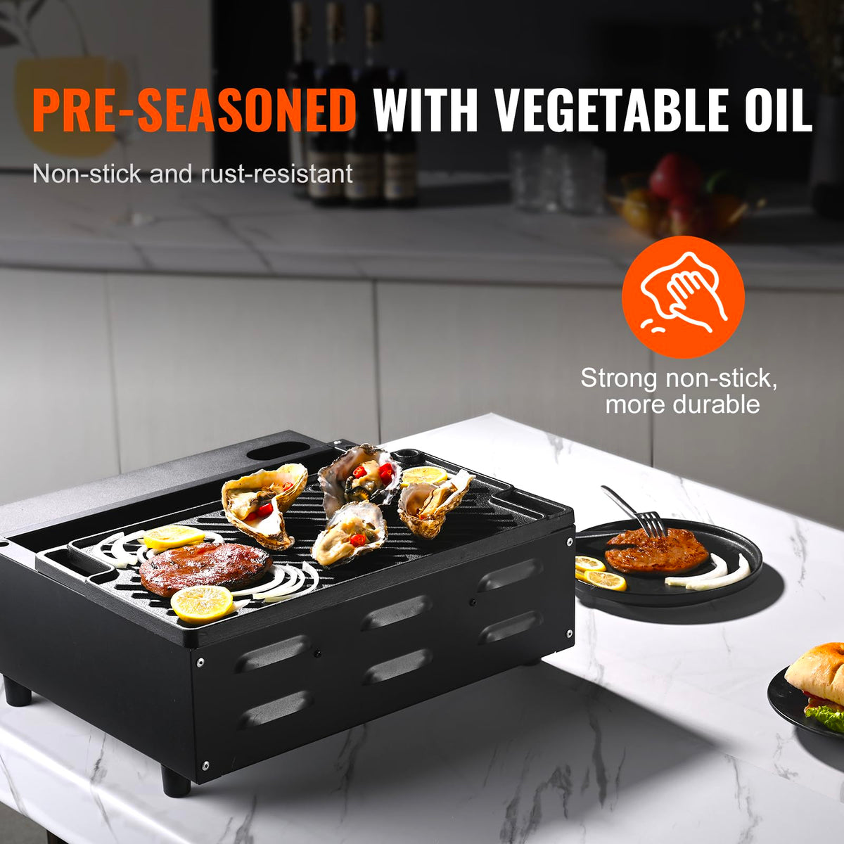 VEVOR grill/griddle non-stick surface minimizes sticking and easy cleanup.