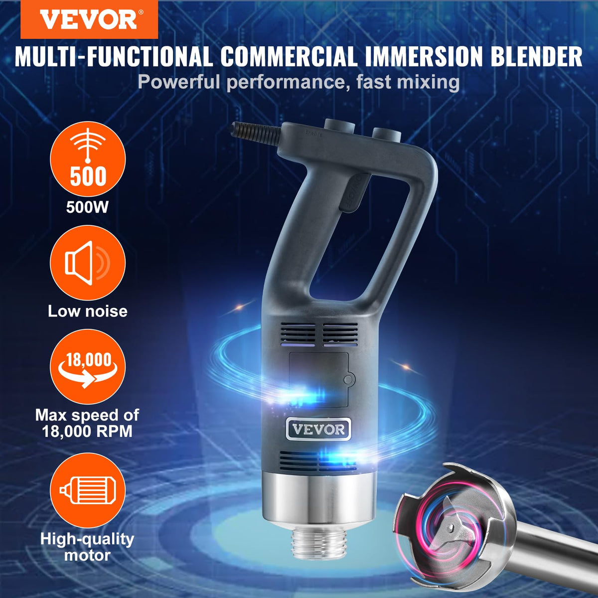 VEVOR immersion blender 20-inch blending foot in action for smooth textures.