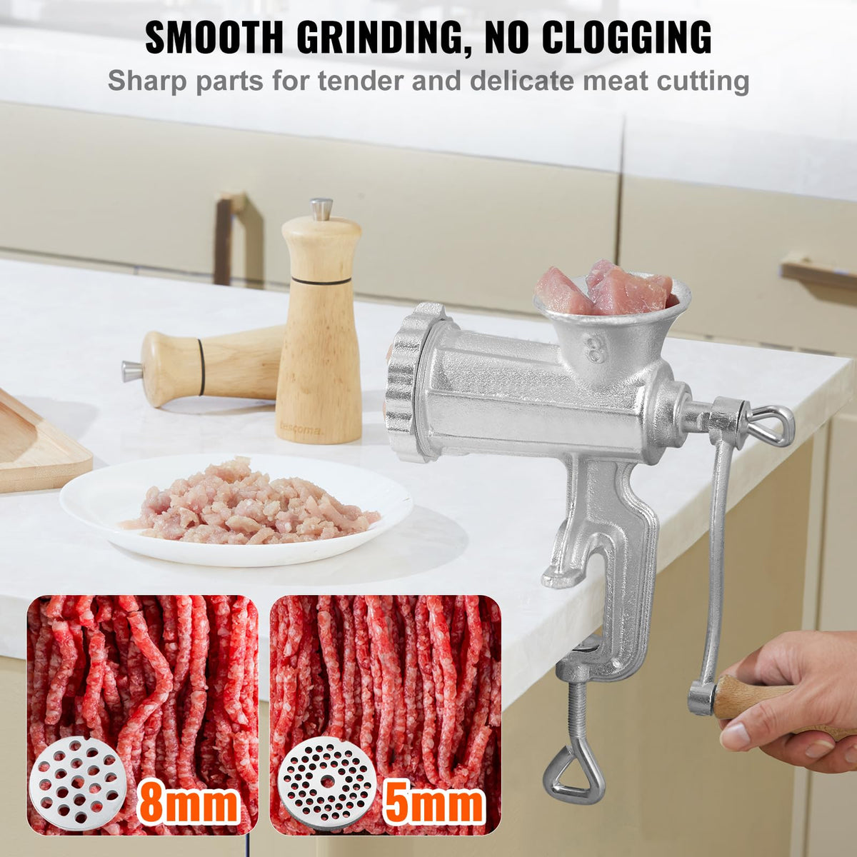 5 mm cutting plate provides finer texture for burgers and meatballs