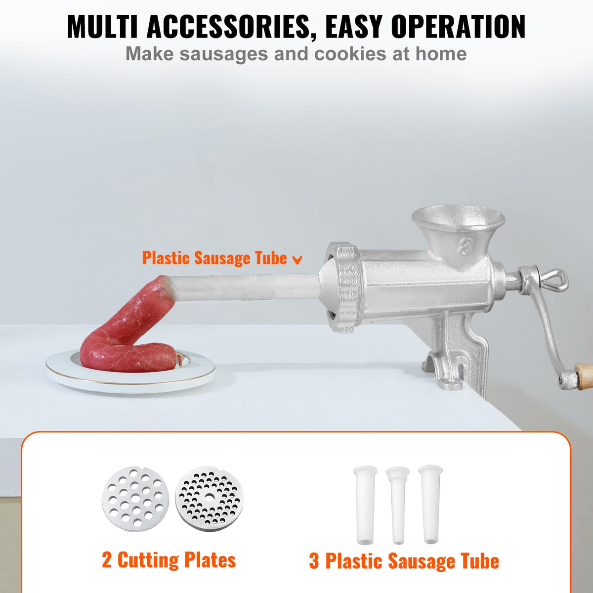 Three plastic sausage tubes for varied filling options
