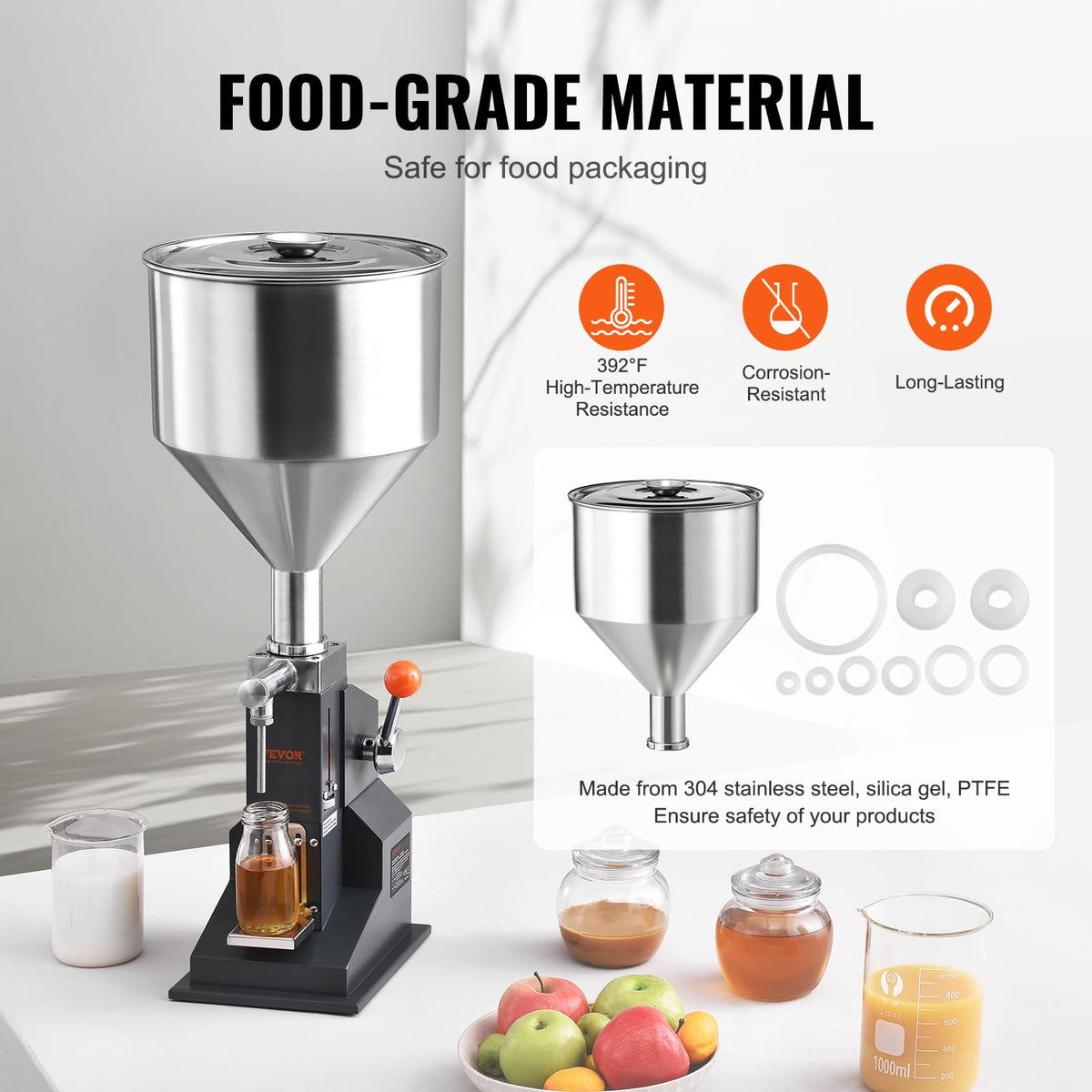 VEVOR manual paste liquid filling machine 304-stainless-steel body withstands heat and corrosion.