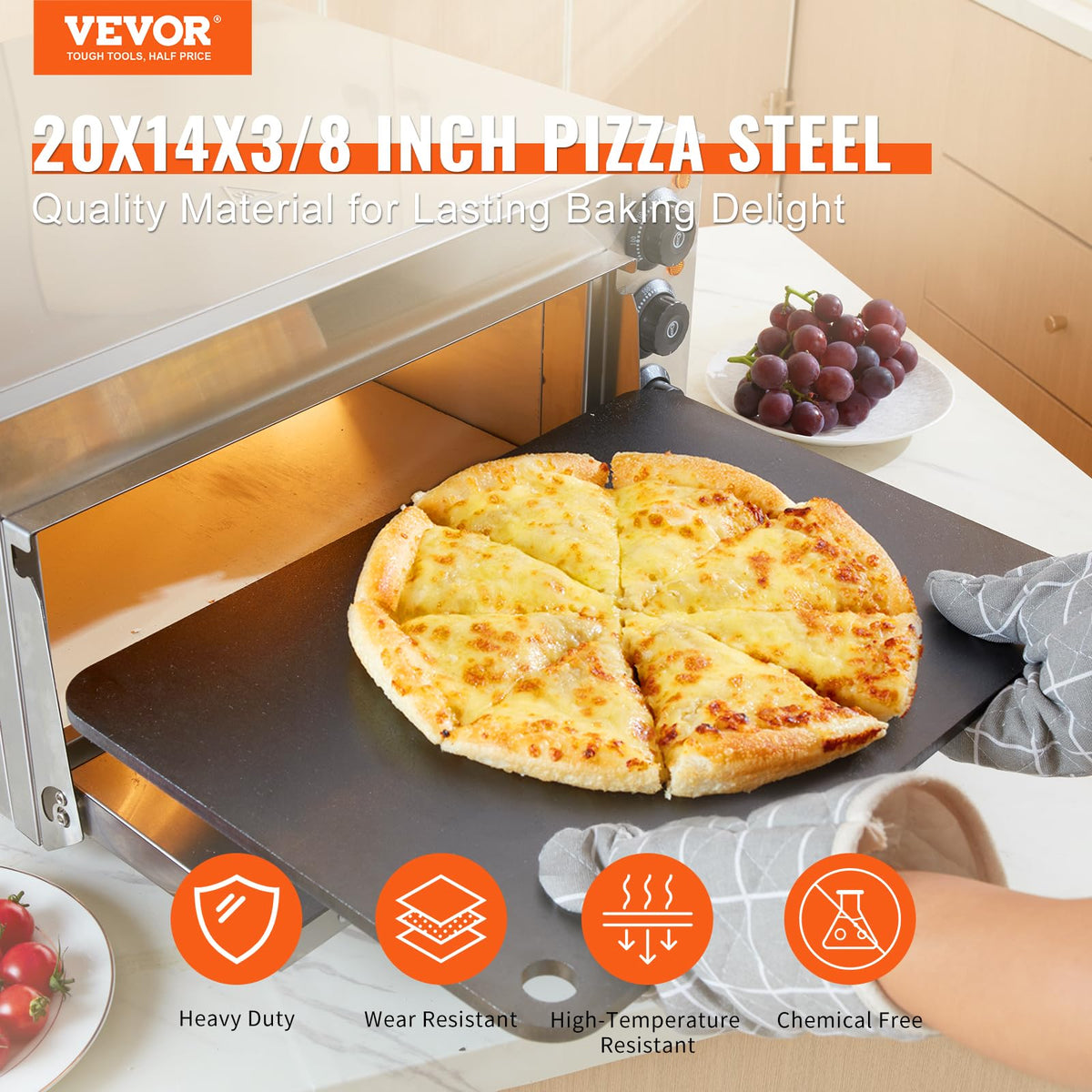 VEVOR pizza steel 3/8-inch thickness highlights durable, quick heating.