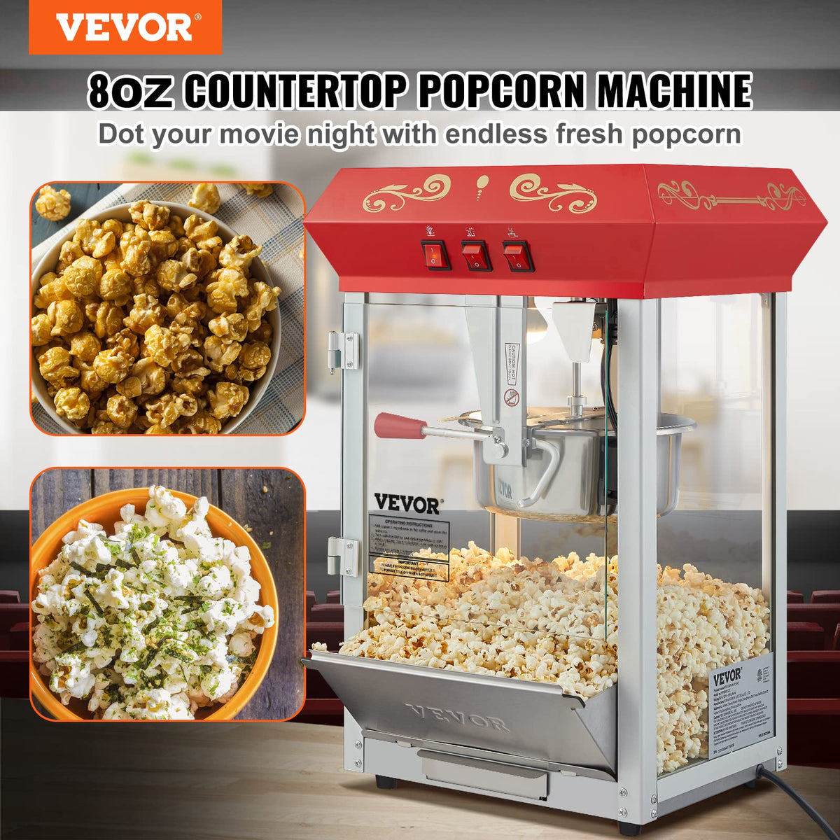 VEVOR popcorn machine 8oz kettle in action showing quick batch popping.