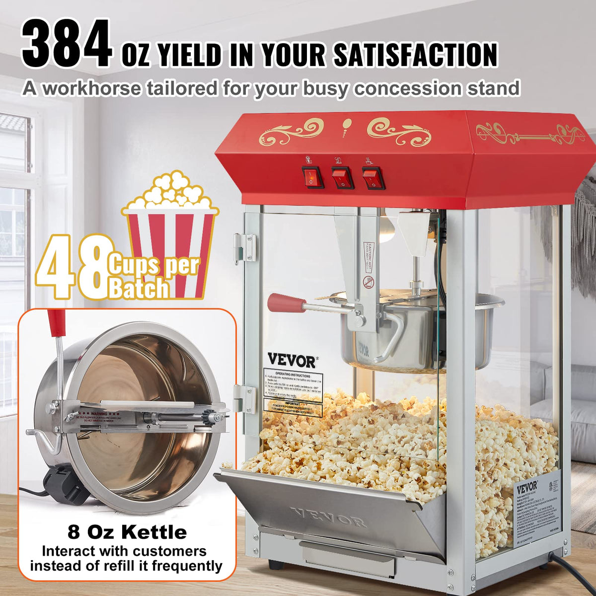 VEVOR popcorn machine 48-cups-batch capability for busy events and venues.