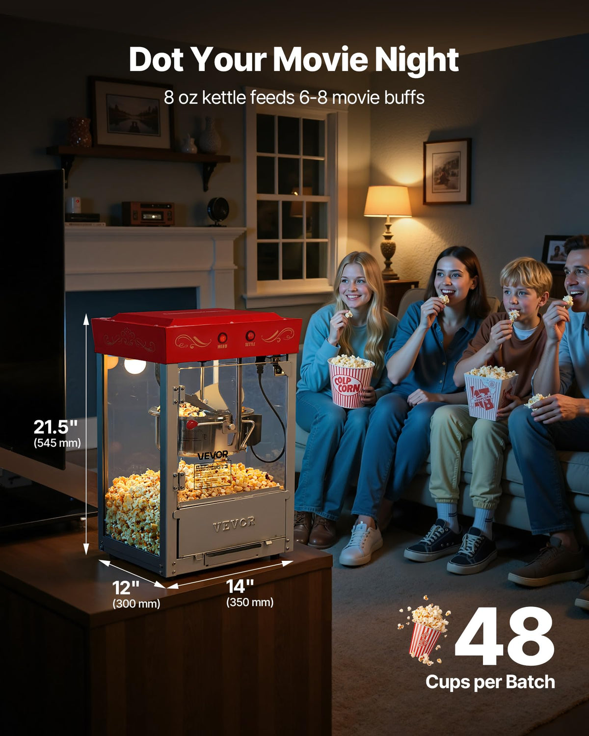 VEVOR popcorn machine control panel demonstrates simple two-button operation