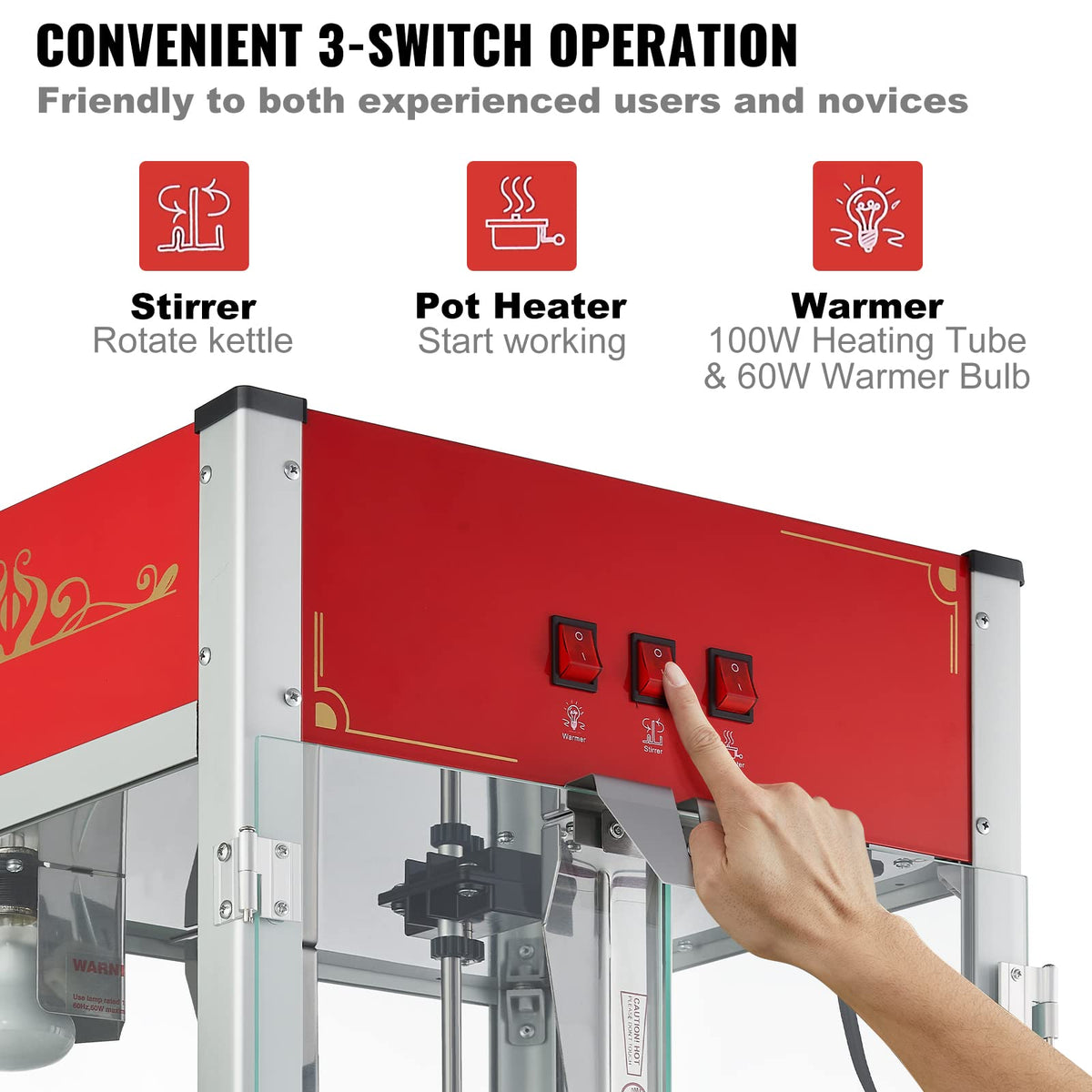 VEVOR popcorn machine lid detaches for fast, thorough cleaning.