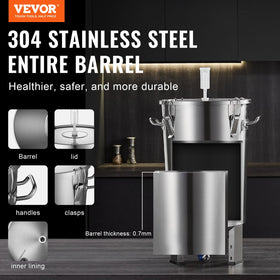 VEVOR stainless conical-base fermentation tank close-up shows sediment handling.