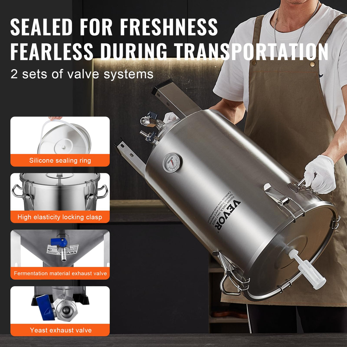 VEVOR stainless steel lid with silicone seal demonstrates leak protection.