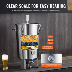 VEVOR temperature dial on fermentation tank enables real-time readings.