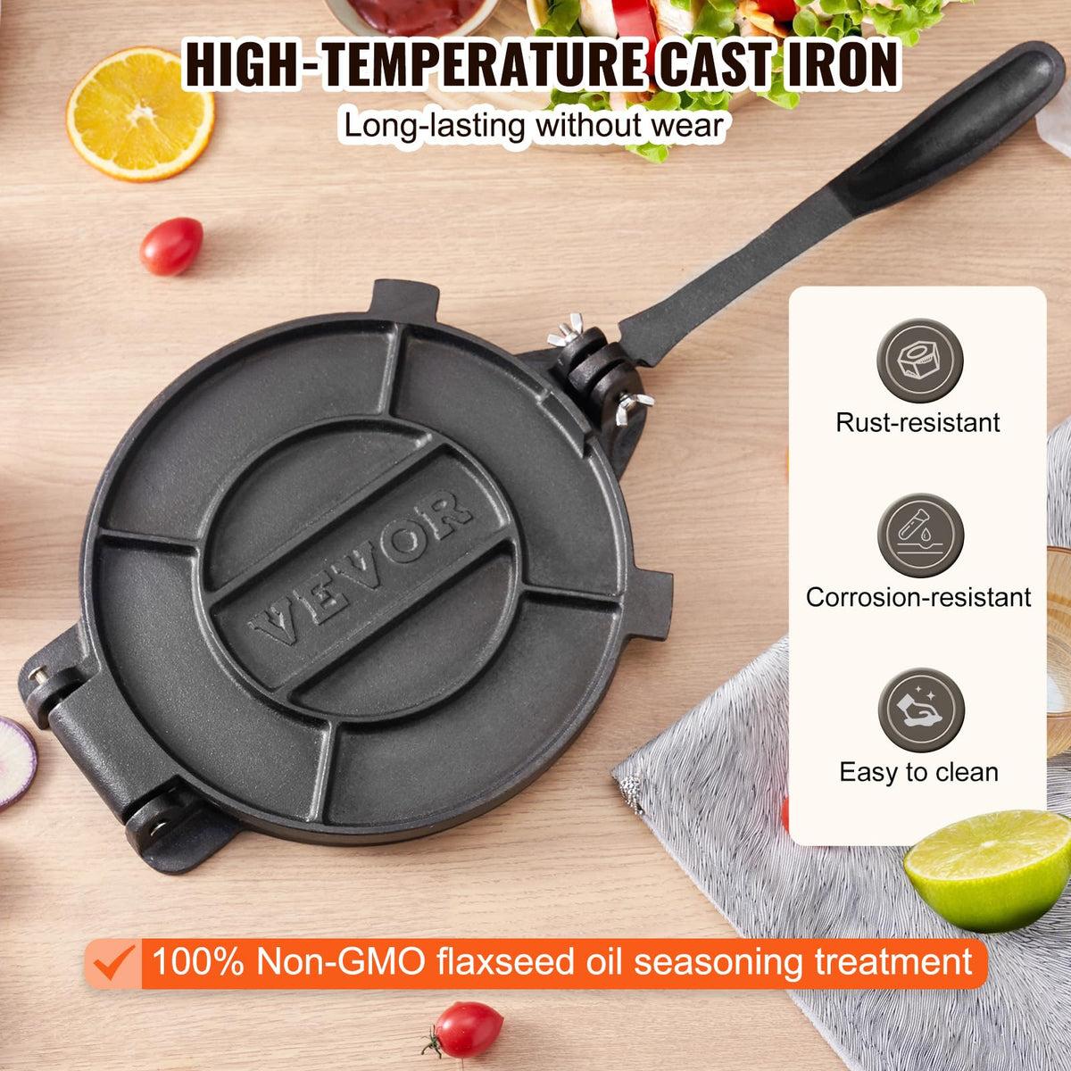 VEVOR tortilla press with reinforced handle offers stable, controlled pressing