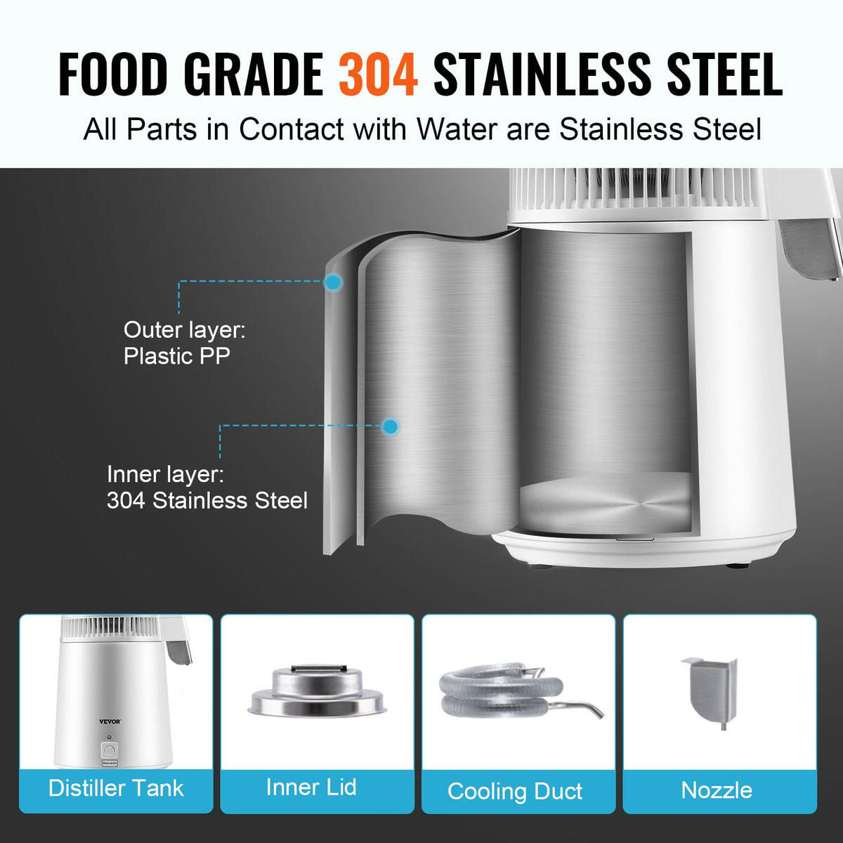 VEVOR stainless-steel inner tank ensures durability and hygienic contact.