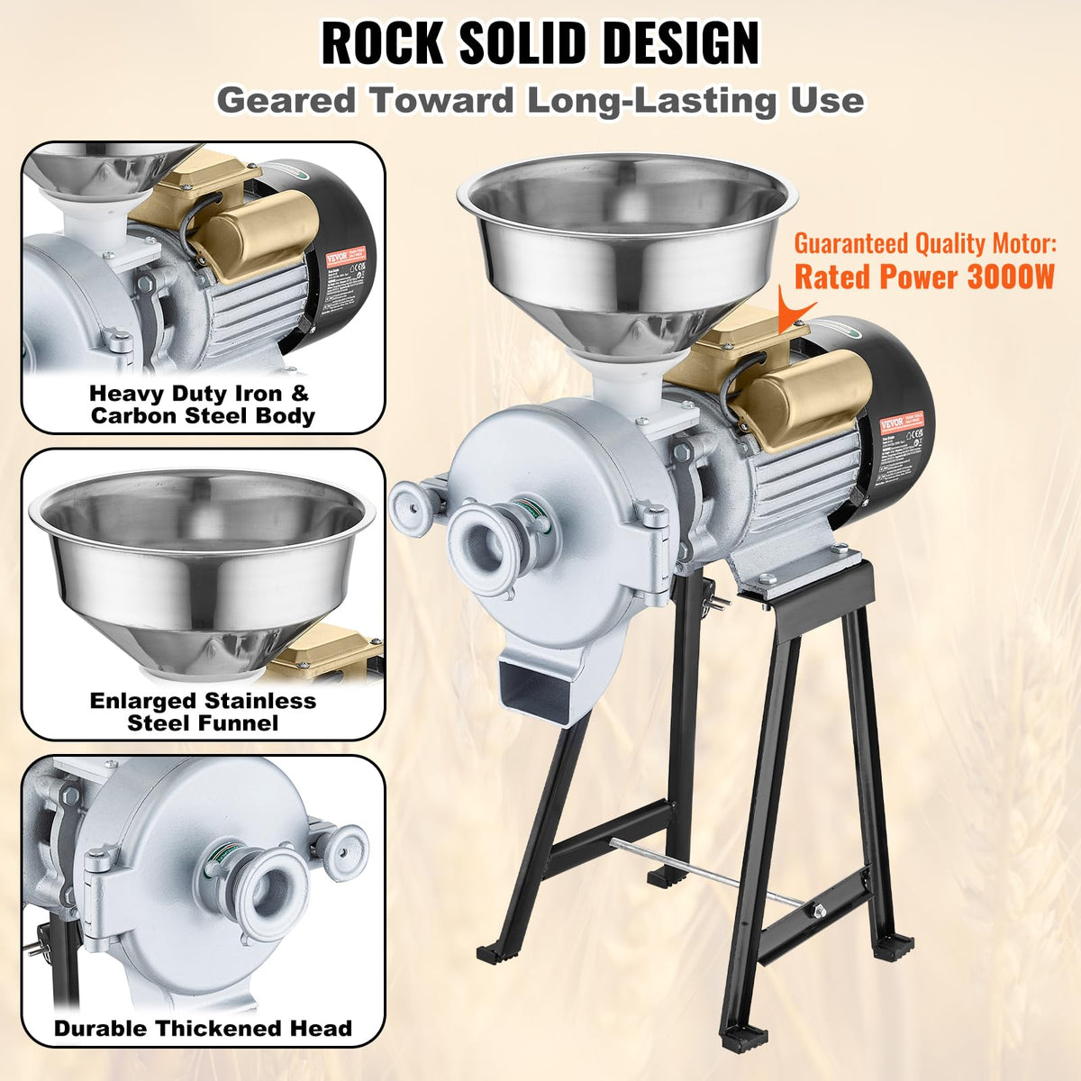 VEVOR grinds wheat, rice, and soybeans into dry powder for baking.