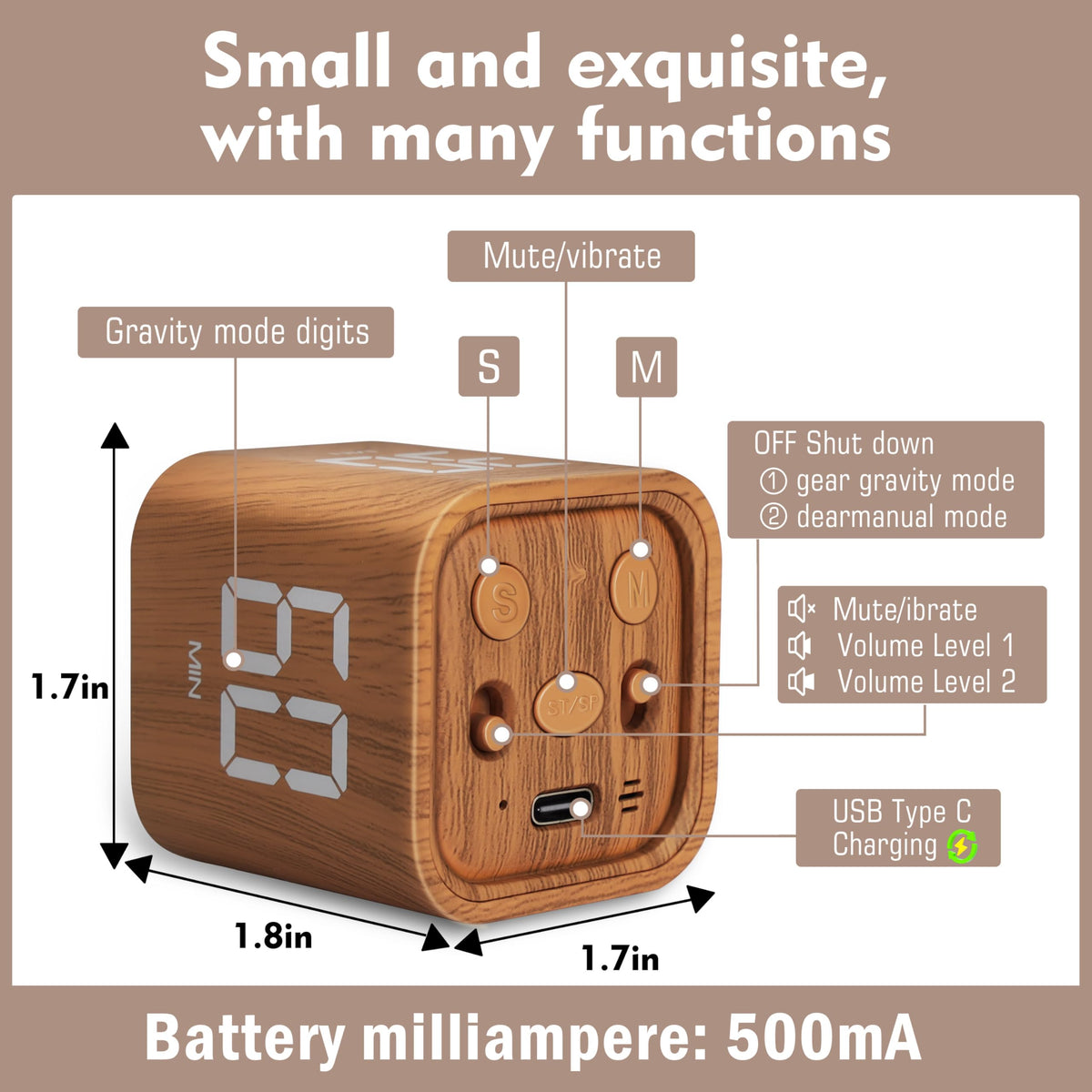 VEWINGL Cube timer charging via USB-C for cordless use.
