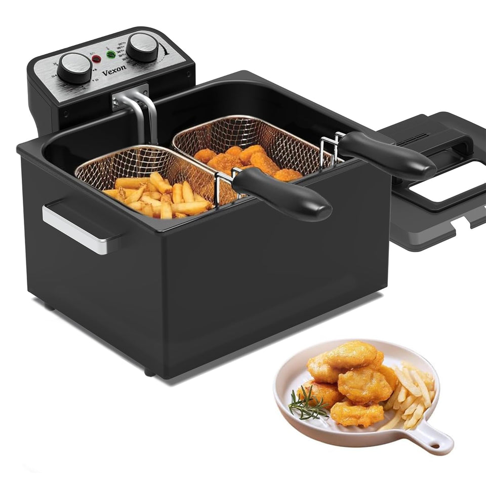 Vexon 1800W fryer front view showcasing a compact stainless steel body for family meals.