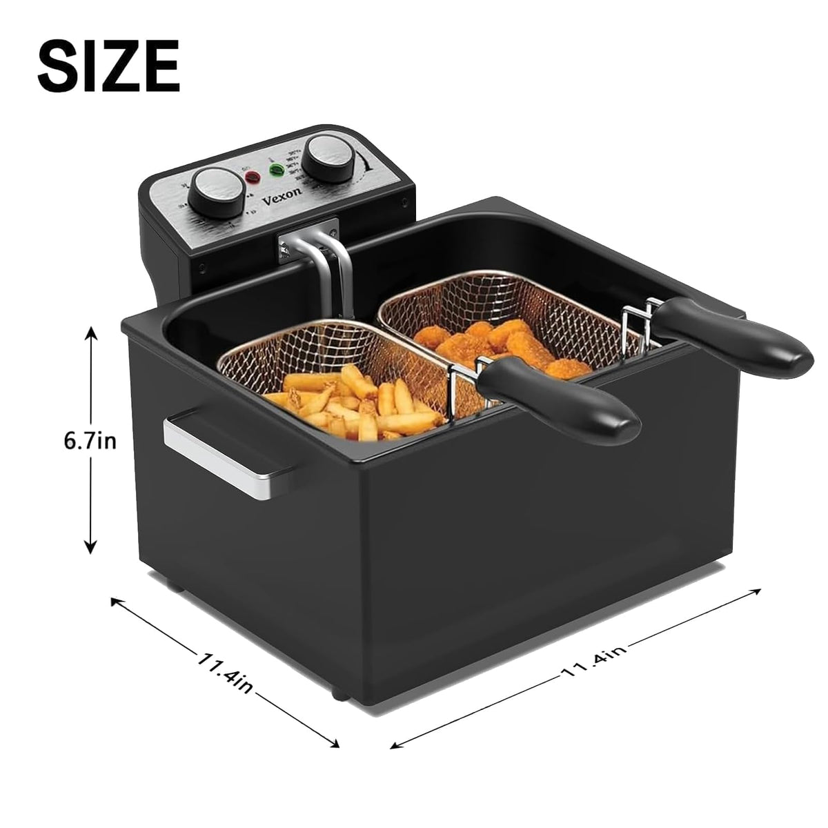 Vexon 1800W deep fryer delivers fast heat for quick, even frying.