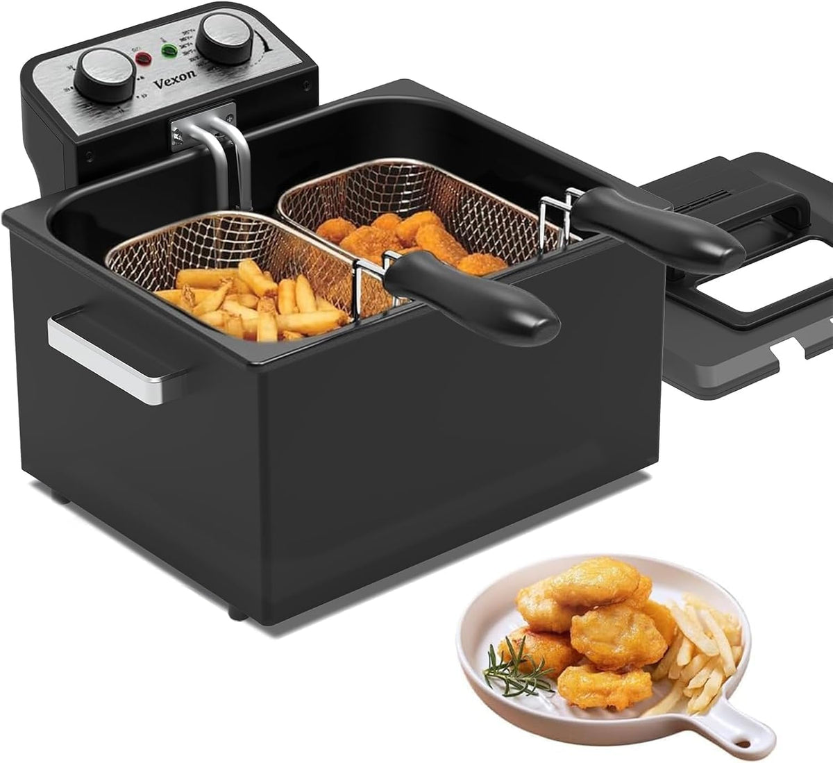 Vexon 4.9L deep fryer with three baskets for batch cooking and crispy results.