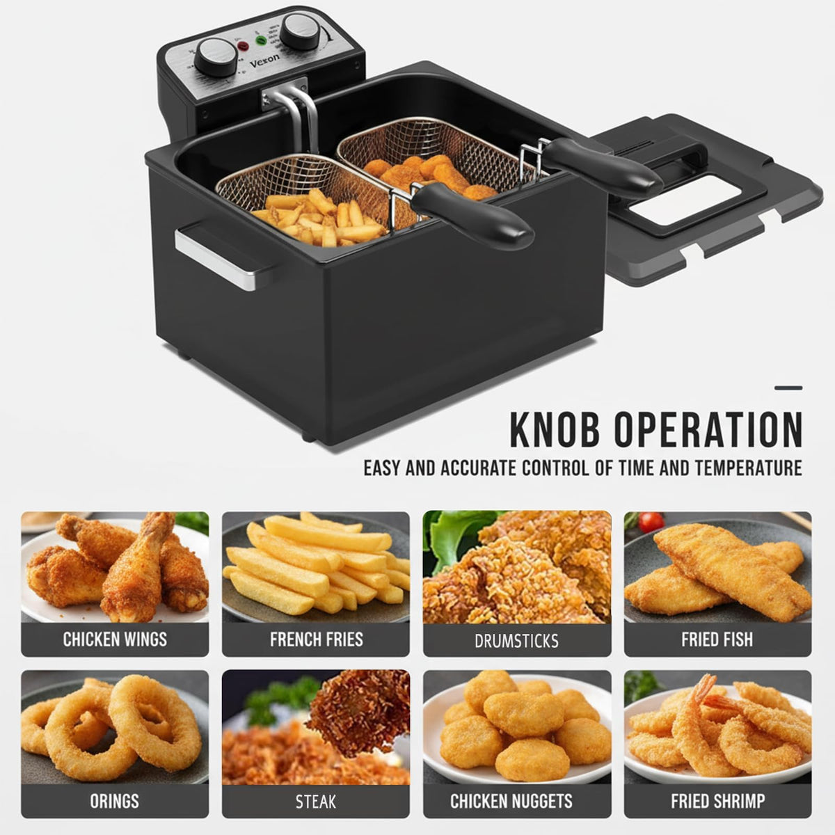 Detachable baskets for easy draining and cleaning after frying sessions.