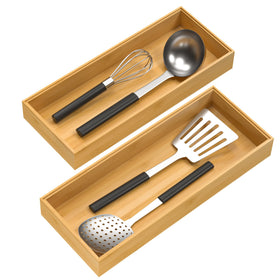 VeyFey bamboo drawer organizer 15x6x2, stackable for efficient drawer organization.