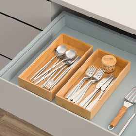 VeyFey bamboo drawer organizer close-up with smooth finish enhances kitchen aesthetics.