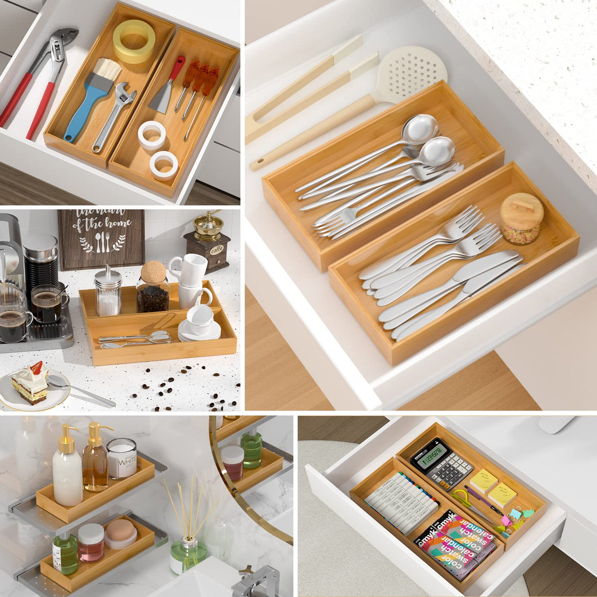 VeyFey bamboo drawer organizer multi-functional use in pantry and vanity.