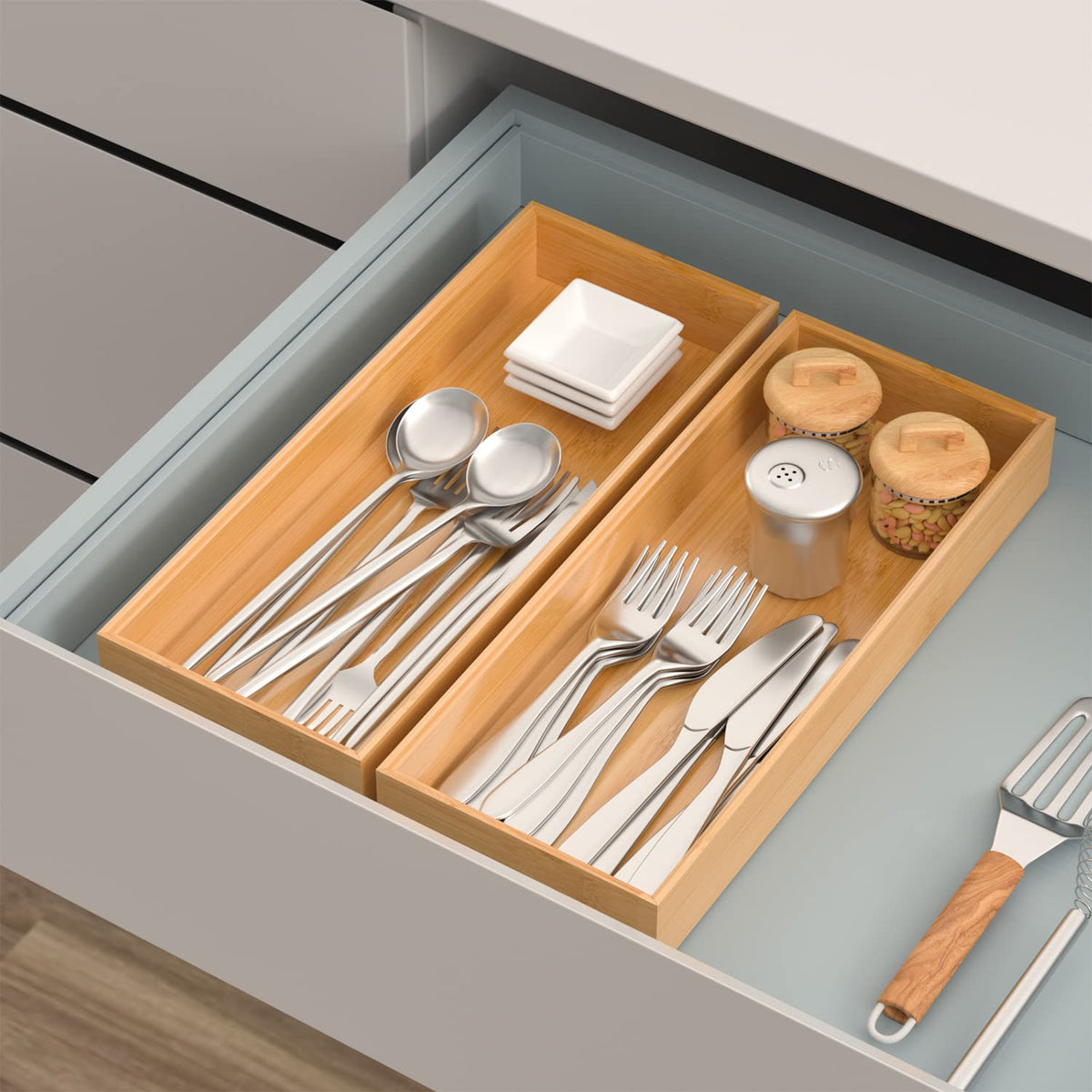 VeyFey bamboo drawer organizer sturdy construction highlights natural wood charm.
