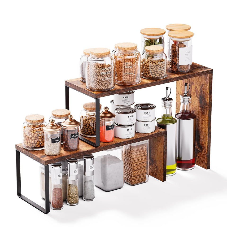 Vfelf kitchen countertop organizer front view shows two-tier stackable storage for tidy countertops.