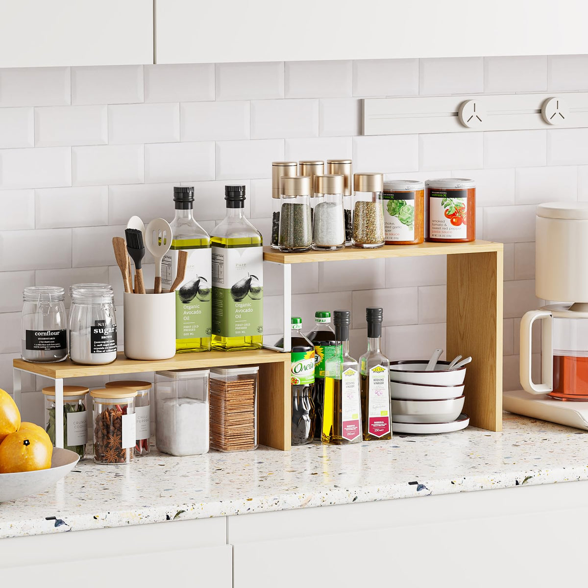 Vfelf over-sink shelf offers versatile space for bathroom or desk items.