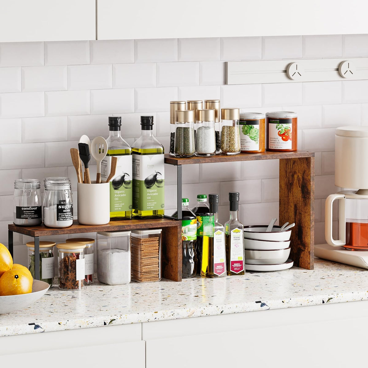Vfelf rustic brown wood finish enhances kitchen decor while keeping essentials organized.
