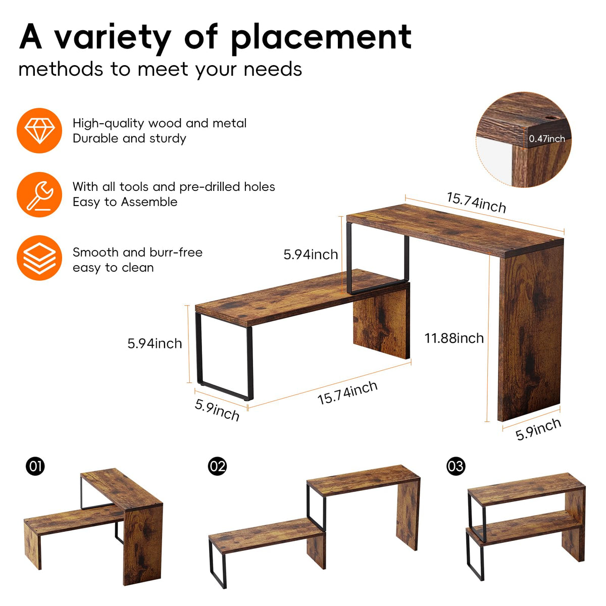 Vfelf two-tier stackable shelf setup demonstrates flexible configuration for spices and mugs.