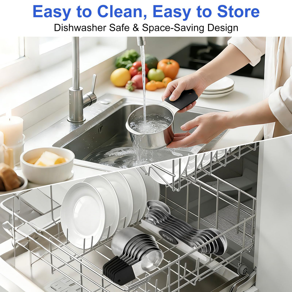 VFUNI dishwasher-safe measuring set for quick cleanup after cooking.