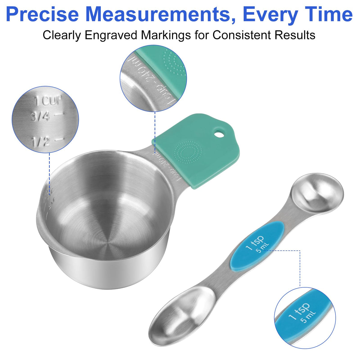 VFUNI dual markings on cups and spoons for quick readability.