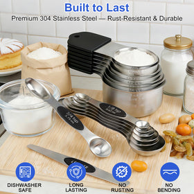 VFUNI measuring cups and spoons feature dual markings for quick reading.