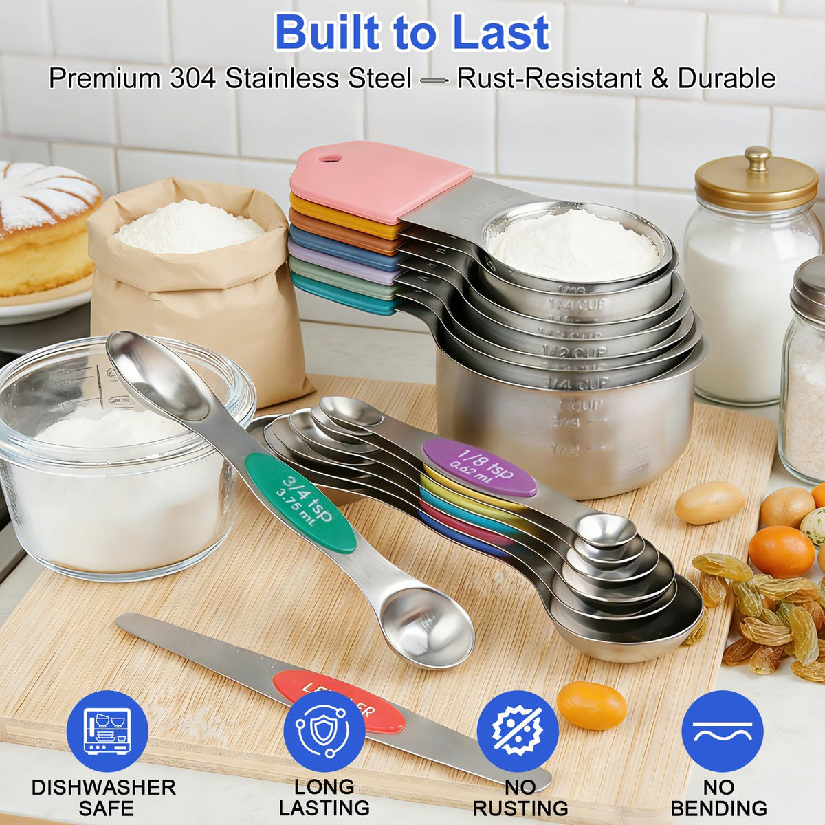 VFUNI stainless steel cups with leveler for precise measurement during cooking.
