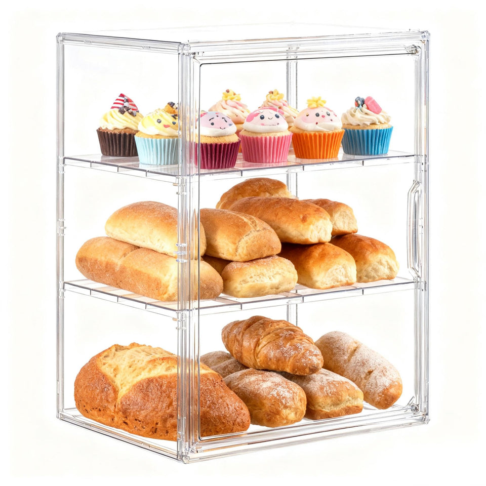 VGLXTRNT bread box with three-tier clear display for organized countertop storage.