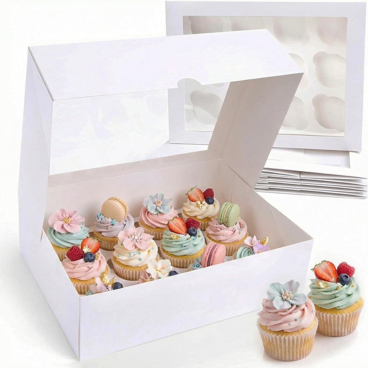 VGOODALL 3-pack white cupcake container with window for display
