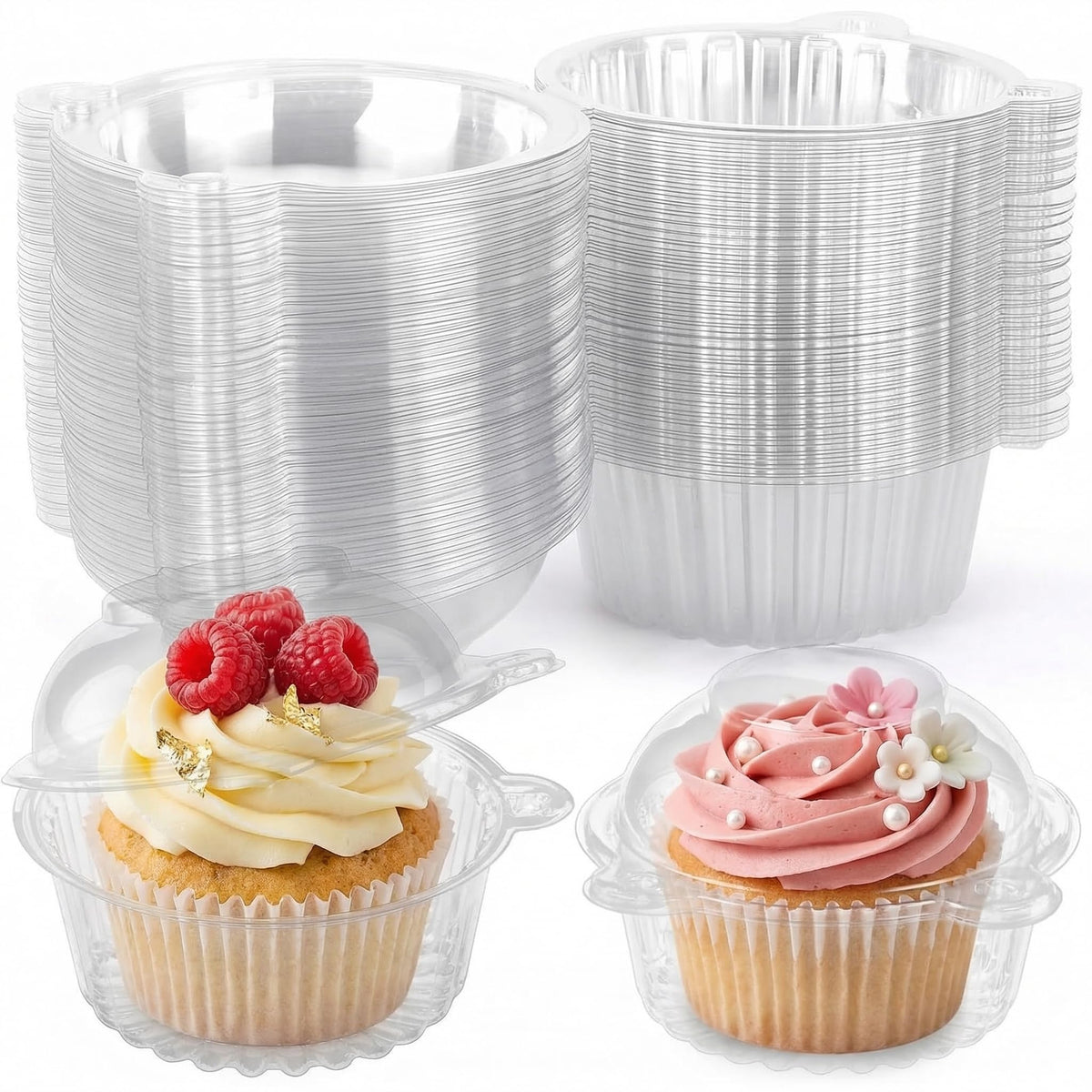 VGOODALL 50pack cupcake containers with lid for easy party prep and display.
