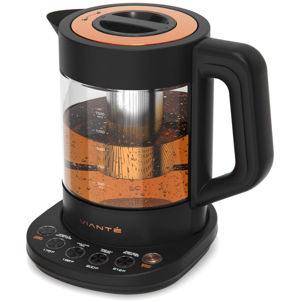 Vianté electric kettle with infuser shown with glass body for precise brewing
