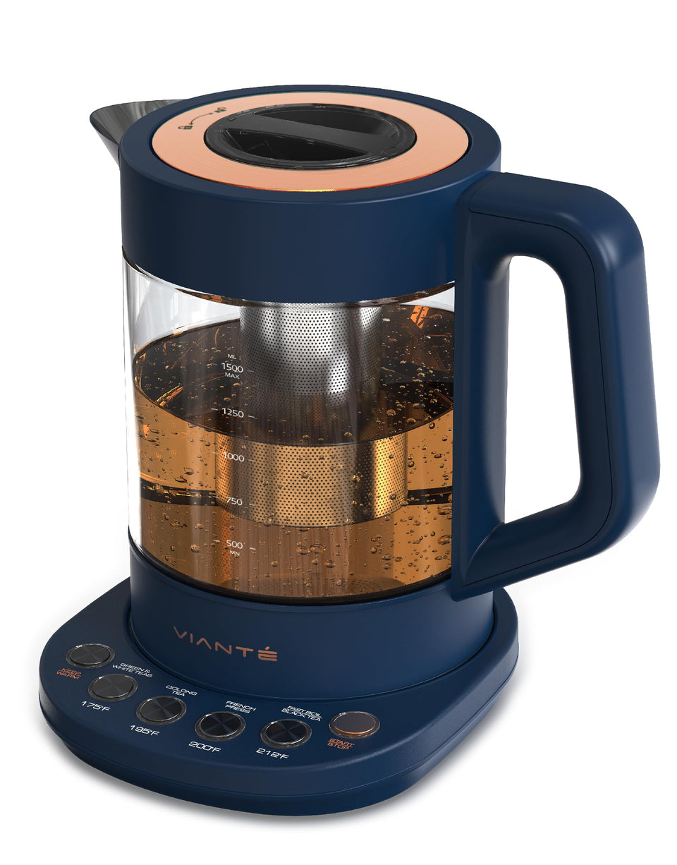 Vianté electric kettle with infuser for loose leaf tea brewing.