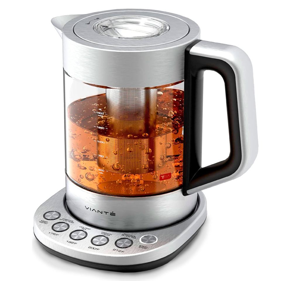 Vianté electric tea kettle infuser on counter enables easy tea prep and flavor control.