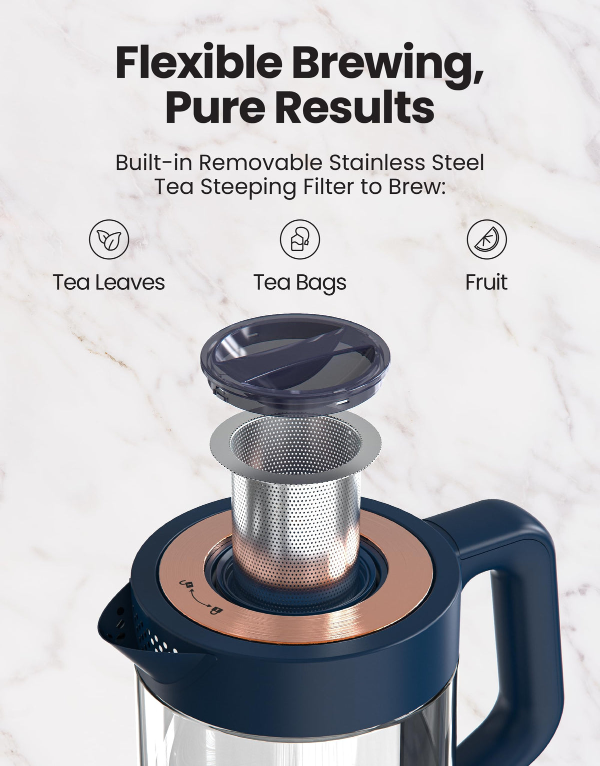 Vianté infuser close-up highlights aroma-rich tea brewing.