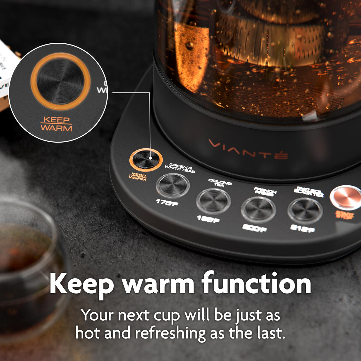 Vianté keep-warm function maintains heat for sipping