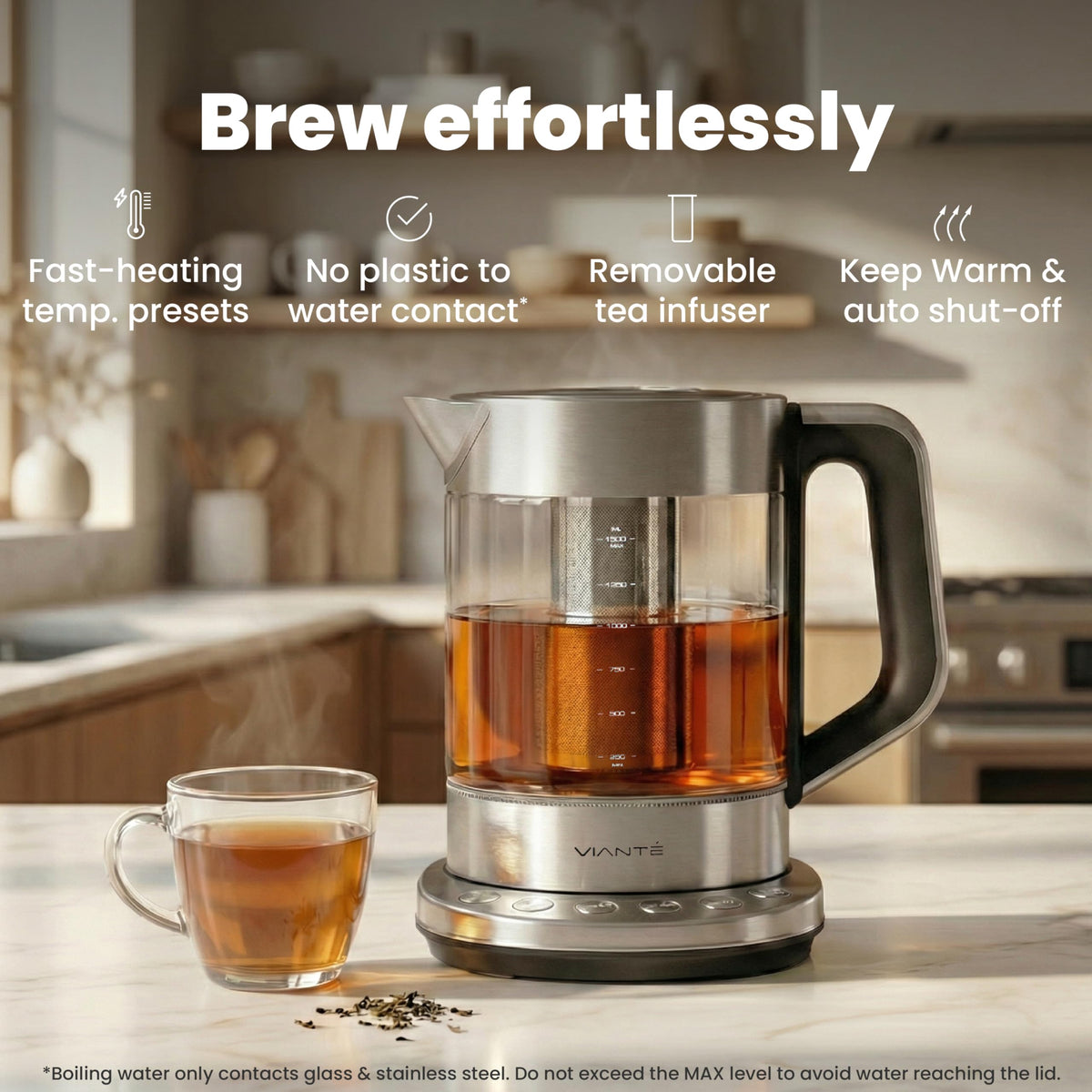 Vianté kettle with no plastic contact with water ensures pure-tasting brews.