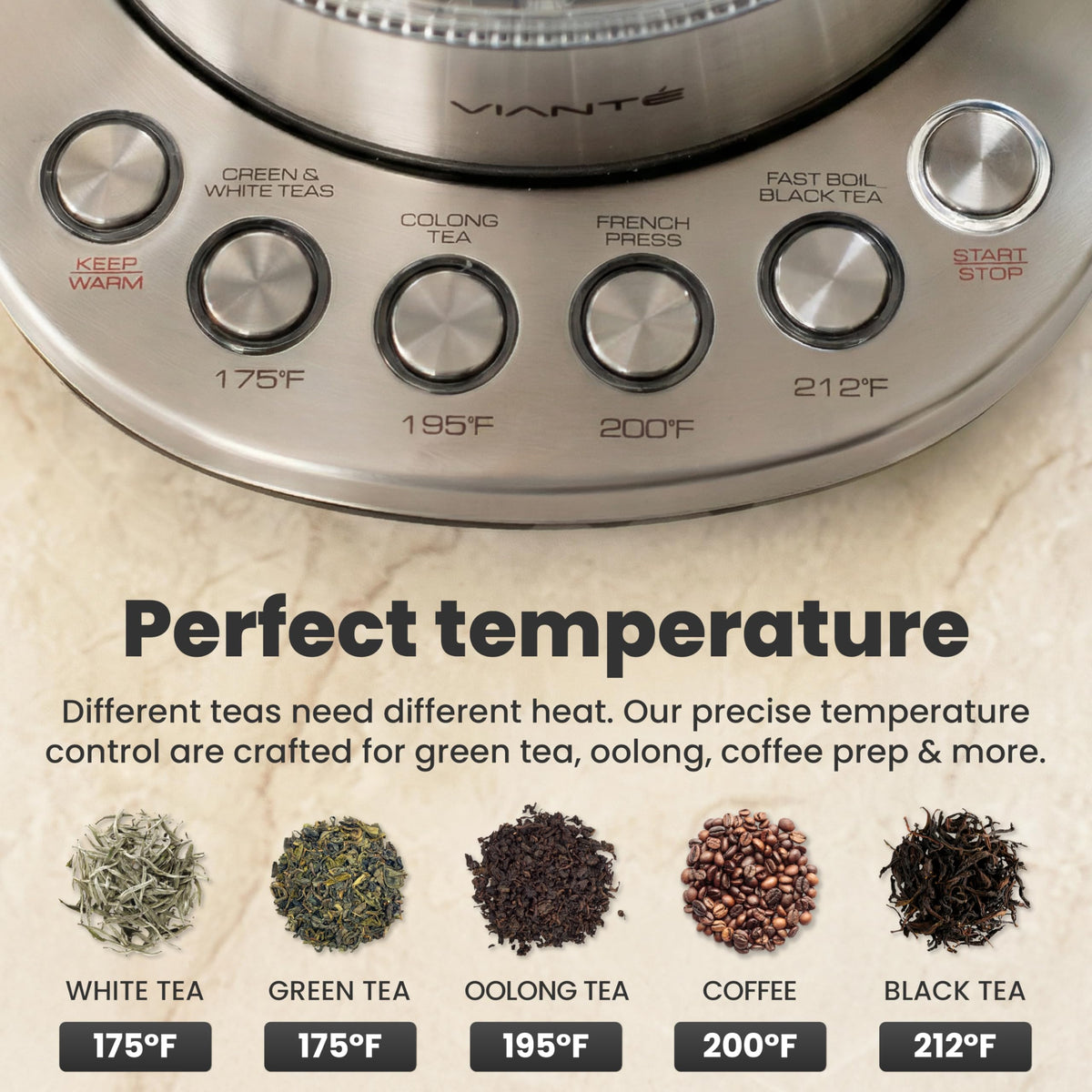 Vianté kettle temperature control presets for white, green, oolong, and black tea.